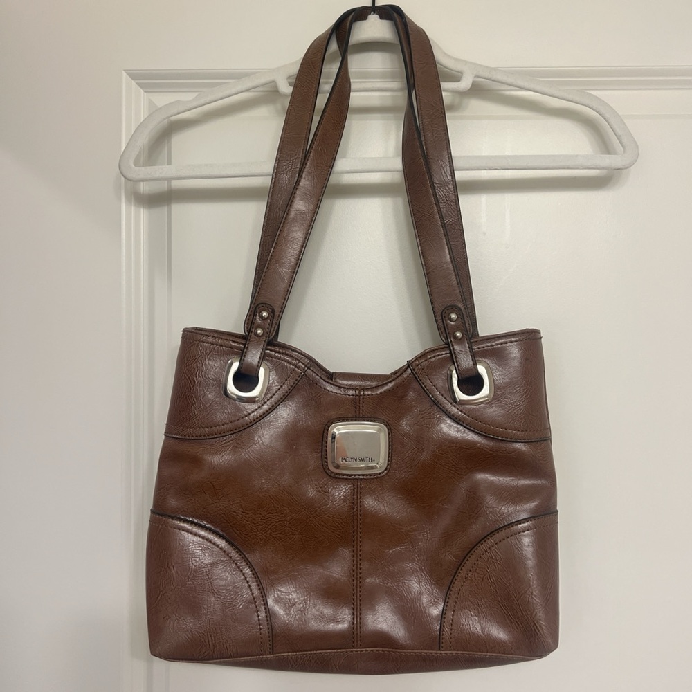 Jaclyn Smith Brown Leather Shoulder Bag with Silver Plaque